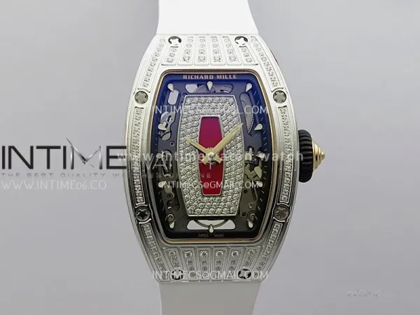 RM07 Paved Diamonds Bezel SS ZF Best Edition Diamond Skeleton Dial On White Rubber Strap Asian CRMA2 Clone