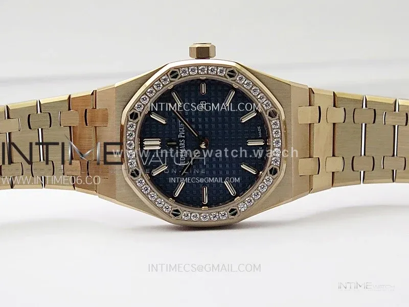 Lady Royal Oak 33mm 67651 Diamonds Bezel RG ZF 1:1 Best Edition Blue Textured Dial on RG Bracelet RONDA Quartz