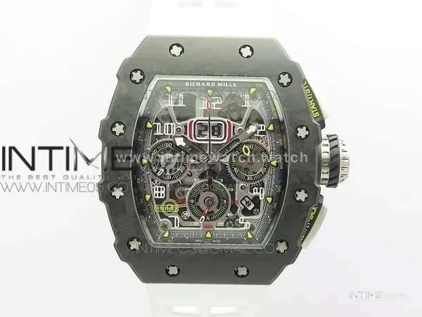 RM011 Carbon Case Chrono KVF 1:1 Best Edition Crystal Skeleton Yellow Dial on White Rubber Strap A7750 V2