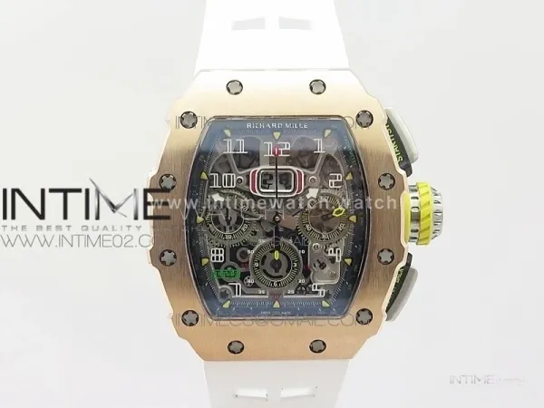 RM011 RG Chronograph SS Case KVF 1:1 Best Edition Crystal Skeleton Dial on White Rubber Strap A7750