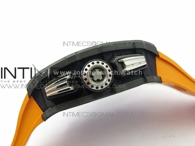 RM011 Carbon Case Chrono KVF 1:1 Best Edition Crystal Skeleton Yellow Dial on Orange Rubber Strap A7750