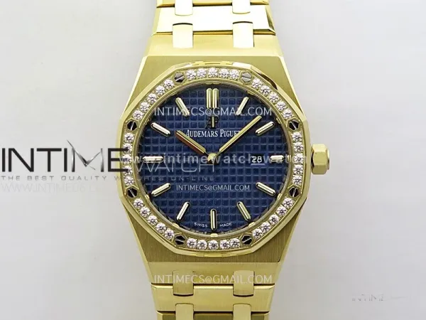 Lady Royal Oak 33mm 67651 Diamonds Bezel YG ZF 1:1 Best Edition Blue Textured Dial on YG Bracelet RONDA Quartz