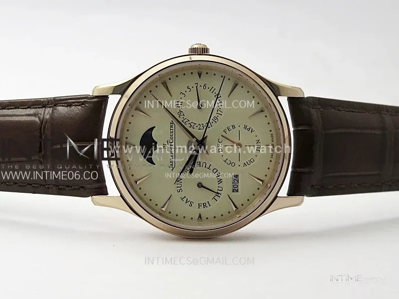 Master Ultra Thin Perpetual Calendar RG J Factory Best Edition Cream Dial on Brown Leather Strap A868