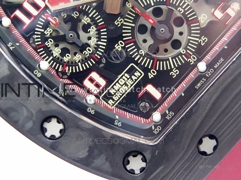 RM011 Carbon Case Carbon Bezel Chronograph KVF 1:1 Best Edition Skeleton Dial Red/RG on Red Rubber Strap A7750