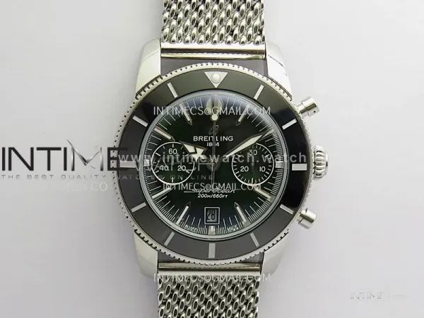 SuperOcean Heritage Chrono 42mm Black Ceramic Bezel B50 Green Dial On SS Mesh Bracelet A7750
