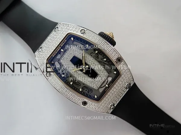 RM07 Full Paved Diamonds SS ZF Best Edition Black Diamond Skeleton Dial On Black Rubber Strap Asian CRMA2 Clone