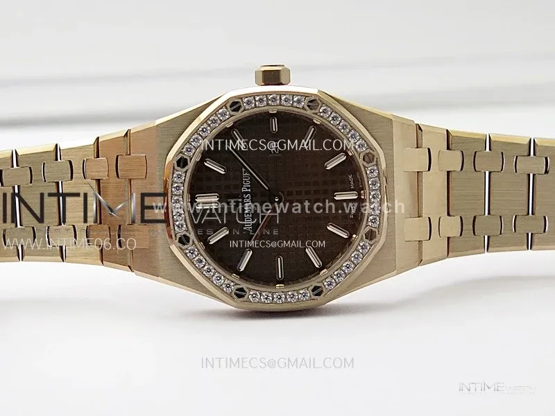 Lady Royal Oak 33mm 67651 Diamonds Bezel RG ZF 1:1 Best Edition Brown Textured Dial on RG Bracelet RONDA Quartz