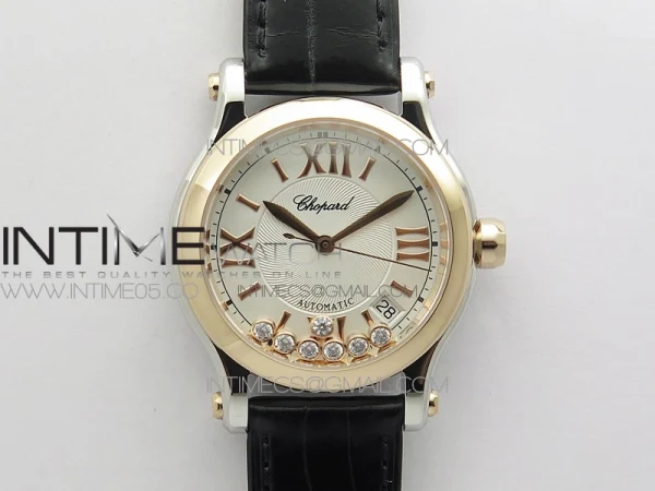 HAPPY SPORT AUTOMATIC SS/RG 36MM YYF 1:1 BEST EDITION WHITE DIAL ON GREEN LEATHER STRAP A2892