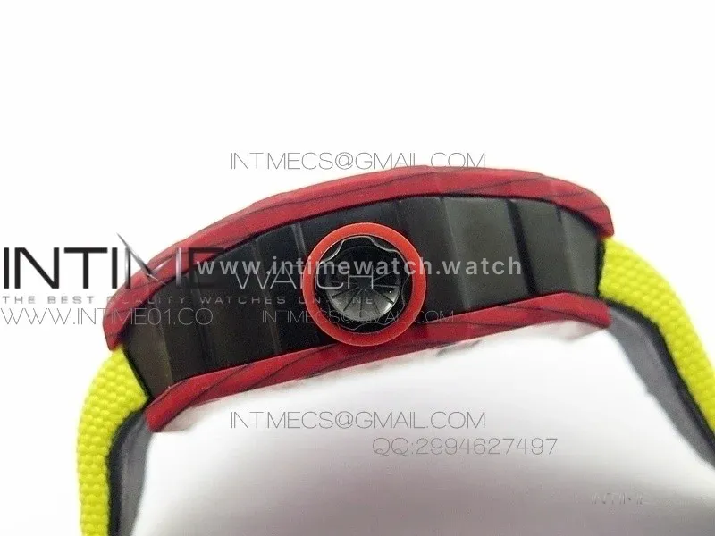 RM 035-2 Red Forged Carbon Yellow Inner Bezel Skeleton Dial on Yellow Nylon Strap MIYOTA9015