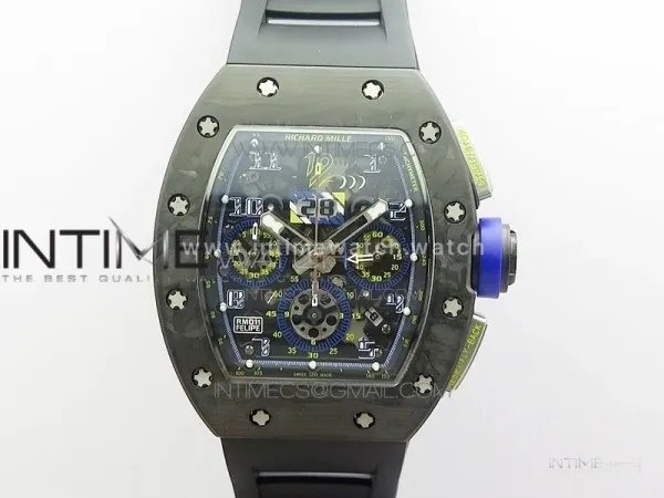 RM011 Titanium Case Carbon Bezel Chronograph KVF 1:1 Best Edition Skeleton Dial Blue Crown on Black Rubber Strap A7750