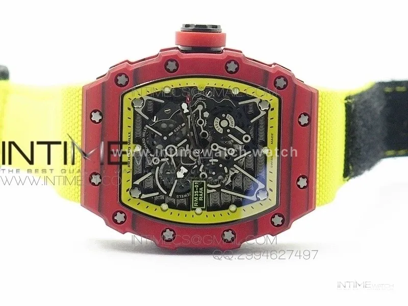 RM 035-2 Red Forged Carbon Yellow Inner Bezel Skeleton Dial on Yellow Nylon Strap MIYOTA9015