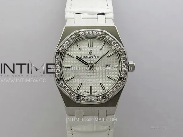 Lady Royal Oak 33mm 67651 SS/Diamond Bezel A7F 1:1 White Textured Dial On White Croco Leather Strap Ronda Quartz to AP Cal.2713