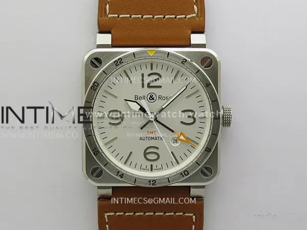 BR03-93 GMT SS B12 Best Edition White Dial 42mm On Brown Leather Strap A2836