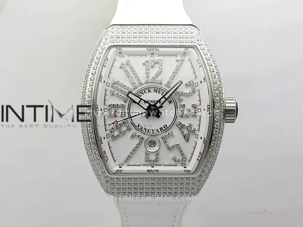 Vanguard V45 Full Diamonds ABF Best Edition White Dial Diamonds Markers On White Gummy Strap A2824
