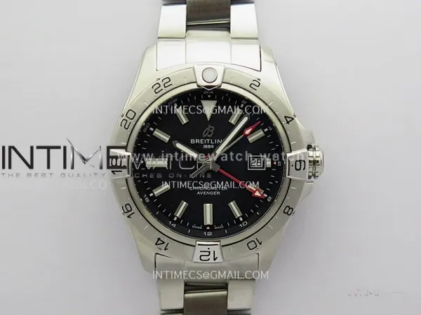Avenger Chronometer 42mm GMT Red Second Hand SS BLSF 1:1 Best Version Black Dial On SS Bracelet A2836