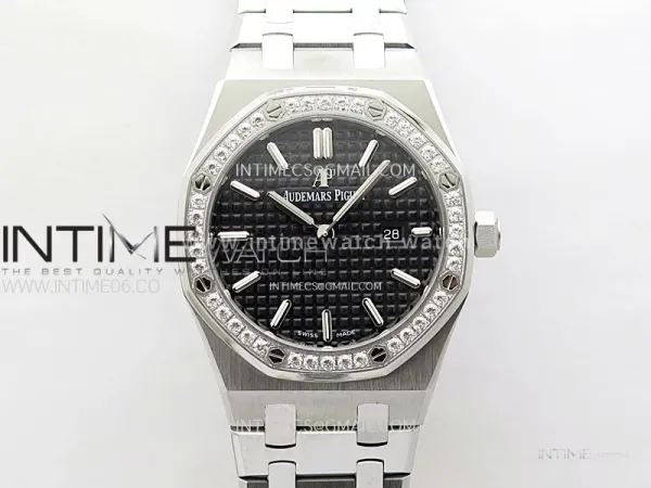 Lady Royal Oak 33mm 67651 Diamonds SS ZF 1:1 Best Edition Black Textured Dial on SS Bracelet RONDA Quartz