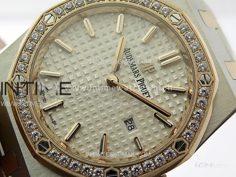 Lady Royal Oak 33mm 67651 Diamonds bezel SS/RG ZF 1:1 Best Edition White Textured Dial on SS Bracelet RONDA Quartz