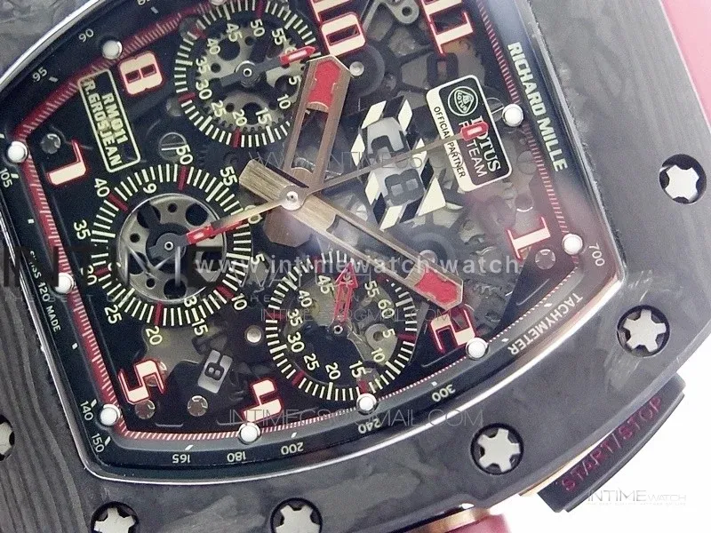 RM011 Carbon Case Carbon Bezel Chronograph KVF 1:1 Best Edition Skeleton Dial Red/RG on Red Rubber Strap A7750