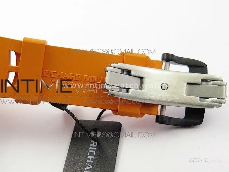 RM011 Carbon Case Chrono KVF 1:1 Best Edition Crystal Skeleton Yellow Dial on Orange Rubber Strap A7750