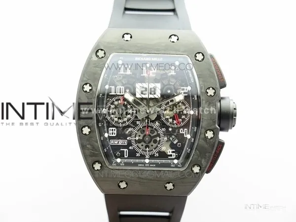 RM011 Carbon Case Carbon Bezel Chronograph KVF 1:1 Best Edition Skeleton Dial on Black Rubber Strap A7750