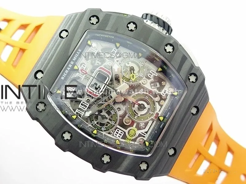RM011 Carbon Case Chrono KVF 1:1 Best Edition Crystal Skeleton Yellow Dial on Orange Rubber Strap A7750