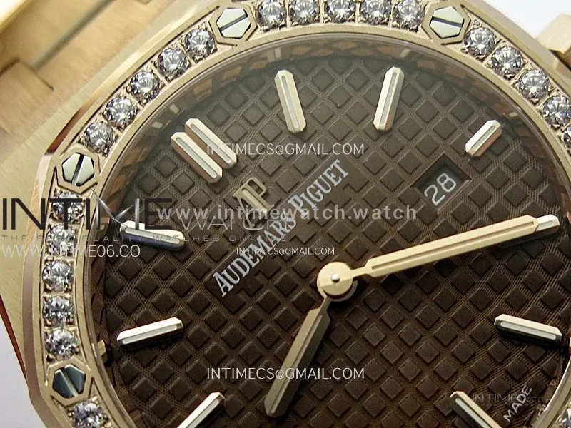 Lady Royal Oak 33mm 67651 Diamonds Bezel RG ZF 1:1 Best Edition Brown Textured Dial on RG Bracelet RONDA Quartz