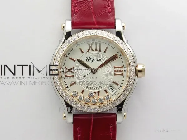 HAPPY SPORT AUTOMATIC SS/RG 36MM CRYSTAL YYF 1:1 BEST EDITION WHITE DIAL ON RED LEATHER STRAP A2892