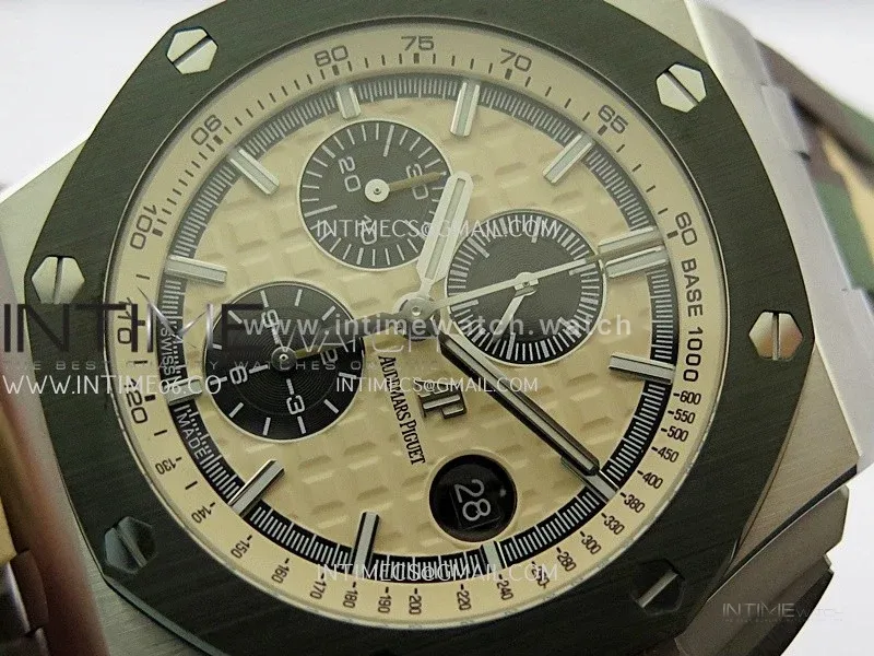 Royal Oak Offshore 44mm SS JF 1:1 Best Edition Cream Dial On Green Camo Rubber Strap A3126
