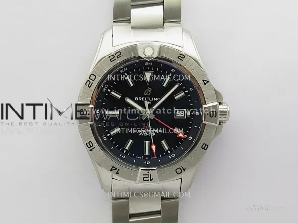 Avenger Chronometer 44mm GMT Red Second Hand SS B50 Best Version Black Dial On SS Bracelet A2836