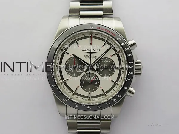 Conquest Chronograph 42mm Black Ceramic Bezel SS AF 1:1 Best Edition Cream Dial On SS Bracelet A7750