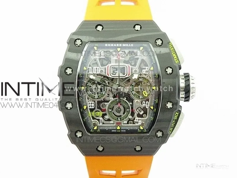 RM011 Carbon Case Chrono KVF 1:1 Best Edition Crystal Skeleton Yellow Dial on Orange Rubber Strap A7750