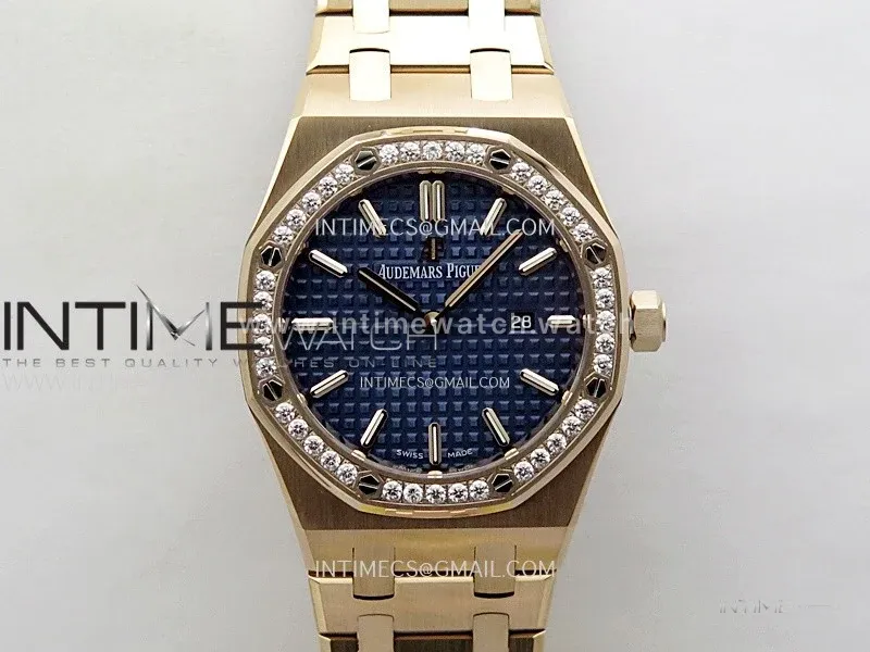 Lady Royal Oak 33mm 67651 Diamonds Bezel RG ZF 1:1 Best Edition Blue Textured Dial on RG Bracelet RONDA Quartz