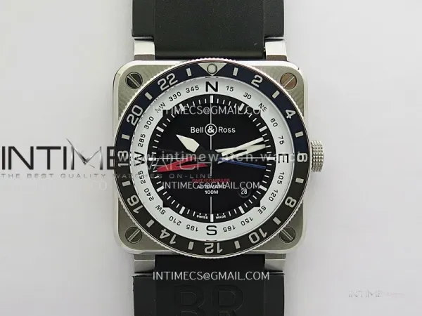 BR03 GMT Compass Blue/Black Bezel SS B12 Best Edition Black Dial 42mm On Black Rubber Strap A2836 (Free Nylon Strap)