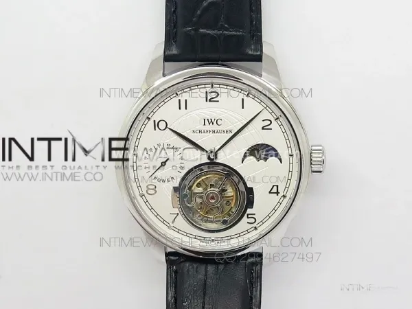 Portuguese Tourbillon SS AXF White Dial Sliver Numbers moonphase on Black Leather Strap