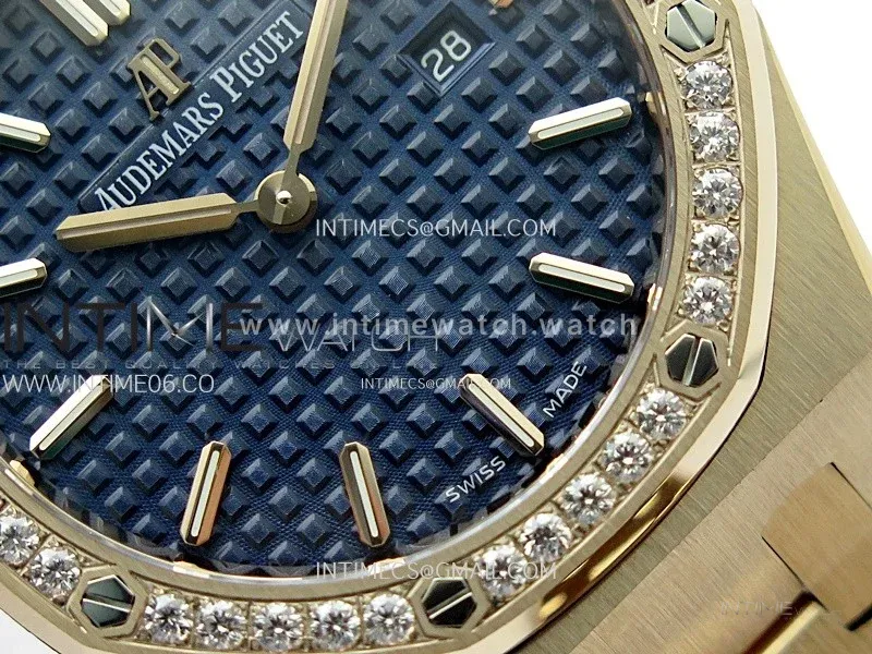 Lady Royal Oak 33mm 67651 Diamonds Bezel RG ZF 1:1 Best Edition Blue Textured Dial on RG Bracelet RONDA Quartz
