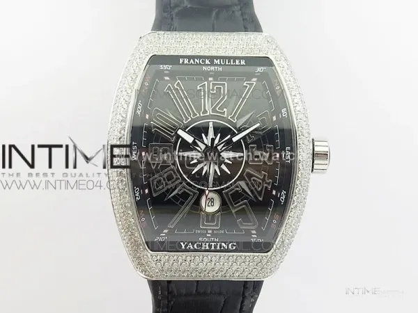 Vanguard V45 SS Full Diamonds Black Textured Numbers Markers on Black Gummy Strap A2813
